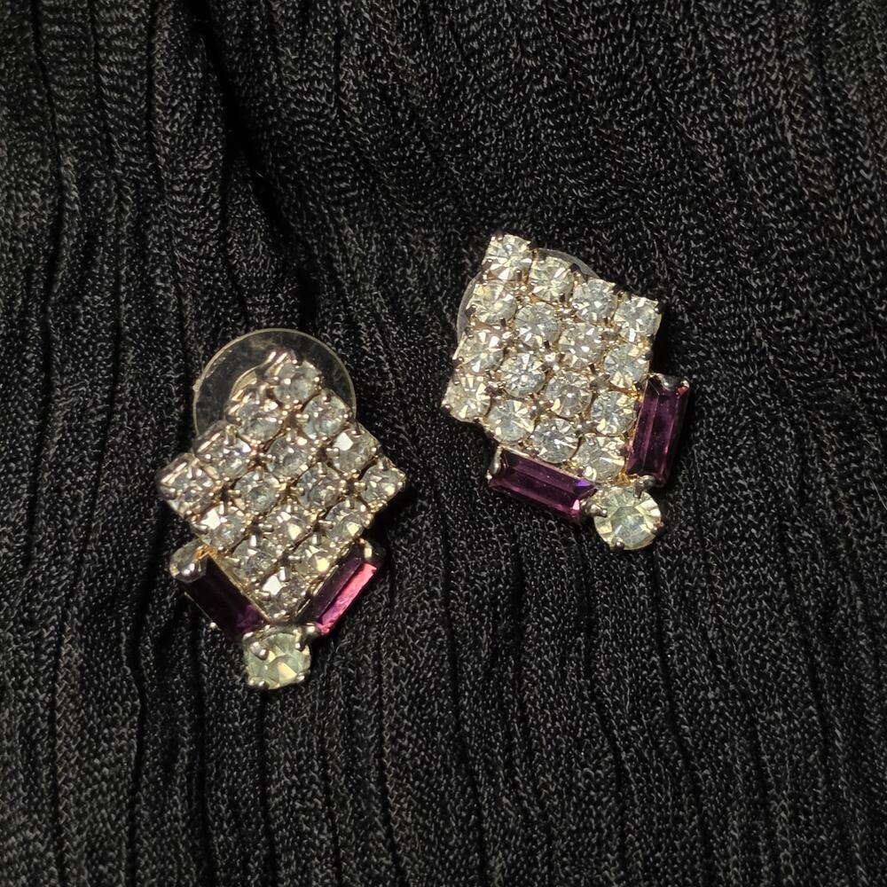 Vintage Rhinestone Earrings Purple Baguette Clear Crystal Mid Century Pierced
